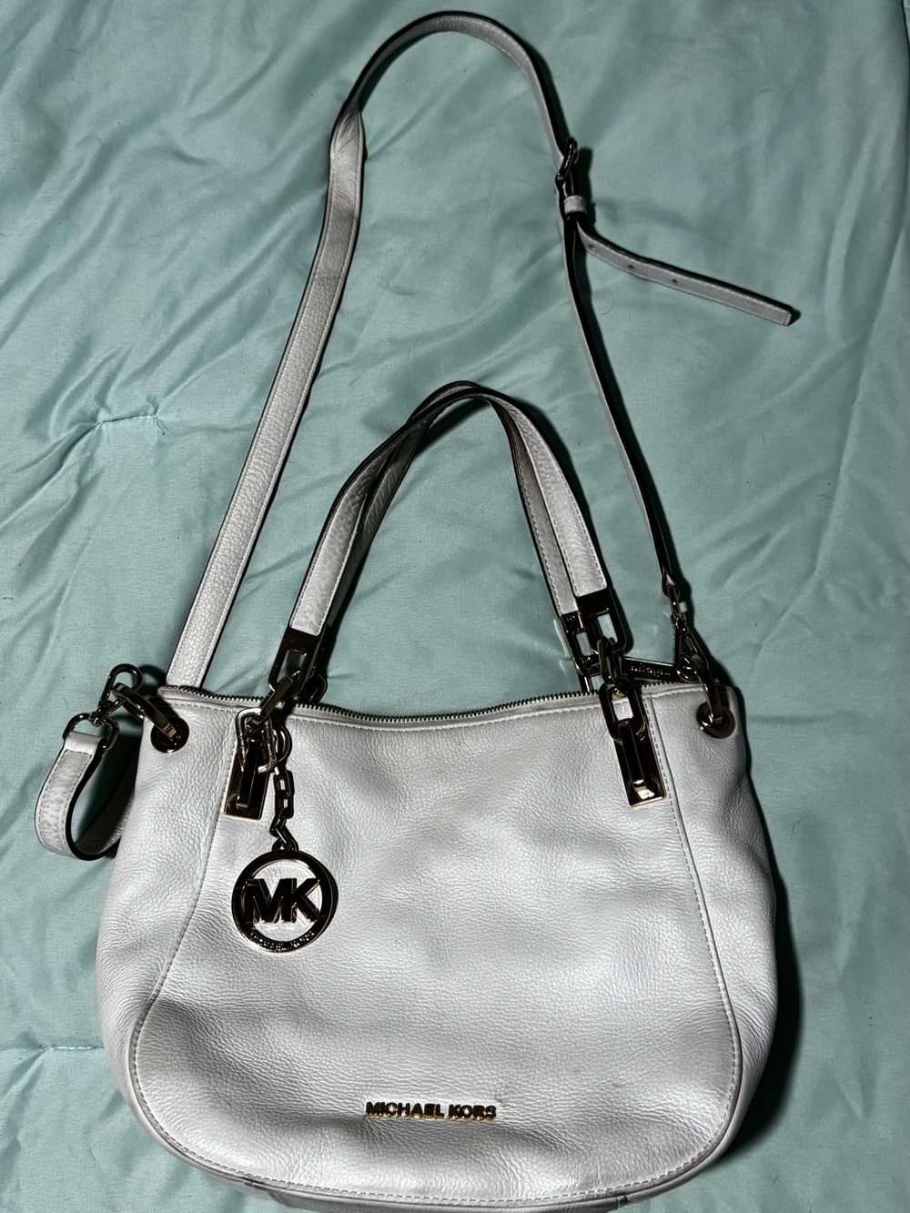 Michael Kors White Leather Shoulder Bag with Gold MK Charm